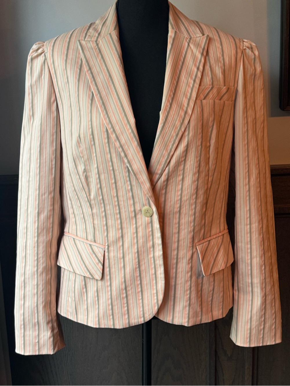 Striped Peach Pink Cotton-Blend Women's Blazer 14